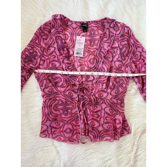 NWT Wild Fable Pink Geometric Print Tie Front Long Sleeve Chiffon Top Size Small - Picture 10 of 14